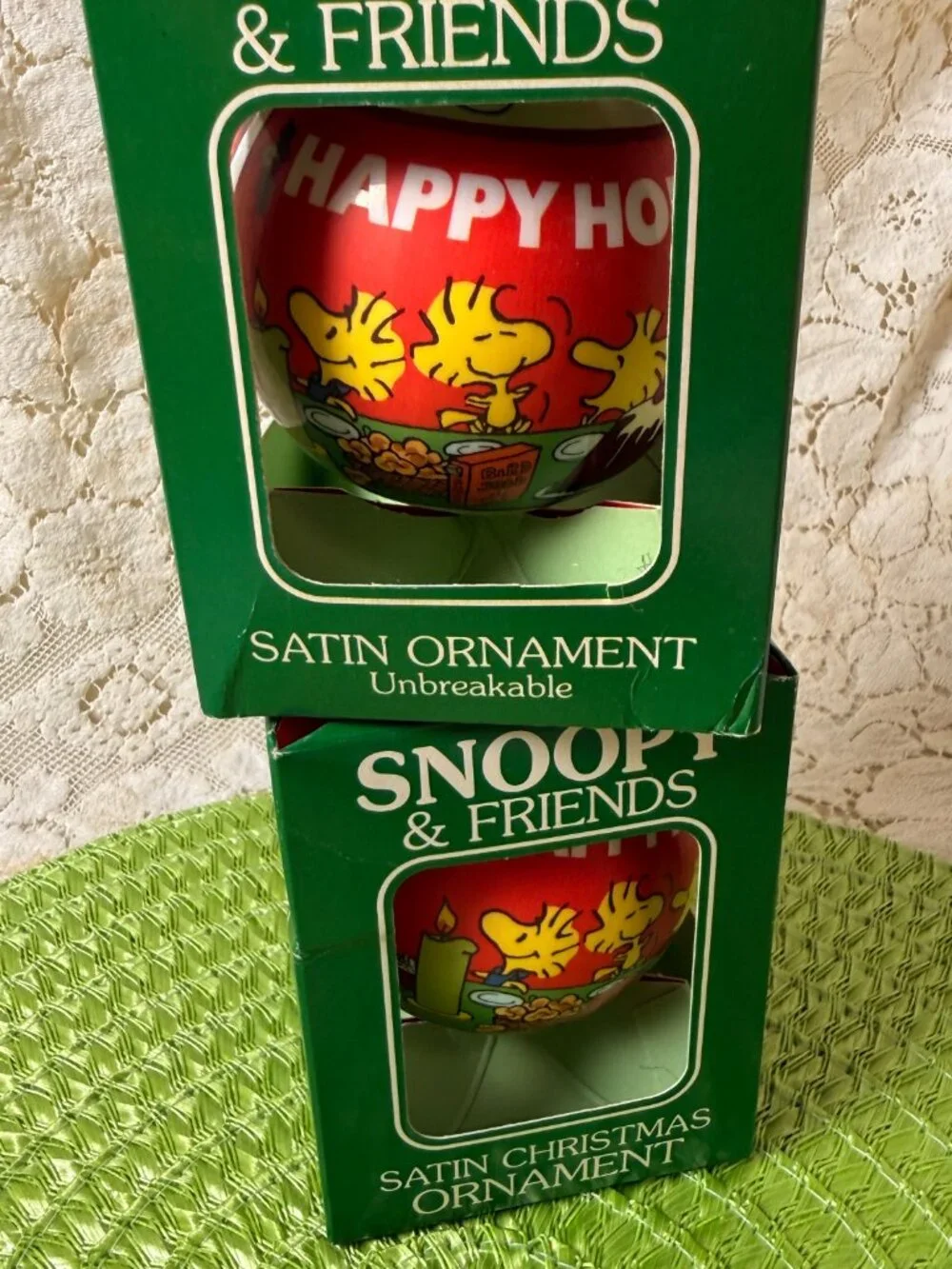Snoopy & Friends Happy Holidays Peanuts Satin Ball Christmas Ornaments Set Of 2